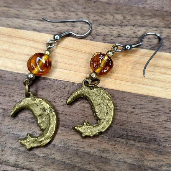 Y2K Celestial Sun Moon Stars Crescent Brass Earrings Glass Beads 90s Fairy Vtg - Picture 2 of 7